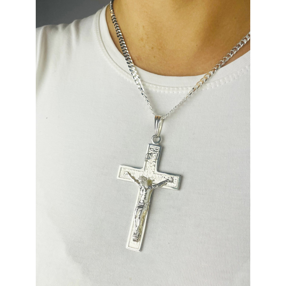 925 Silber Halskette mit Panzerkette und großes Kreuz mit Jesus