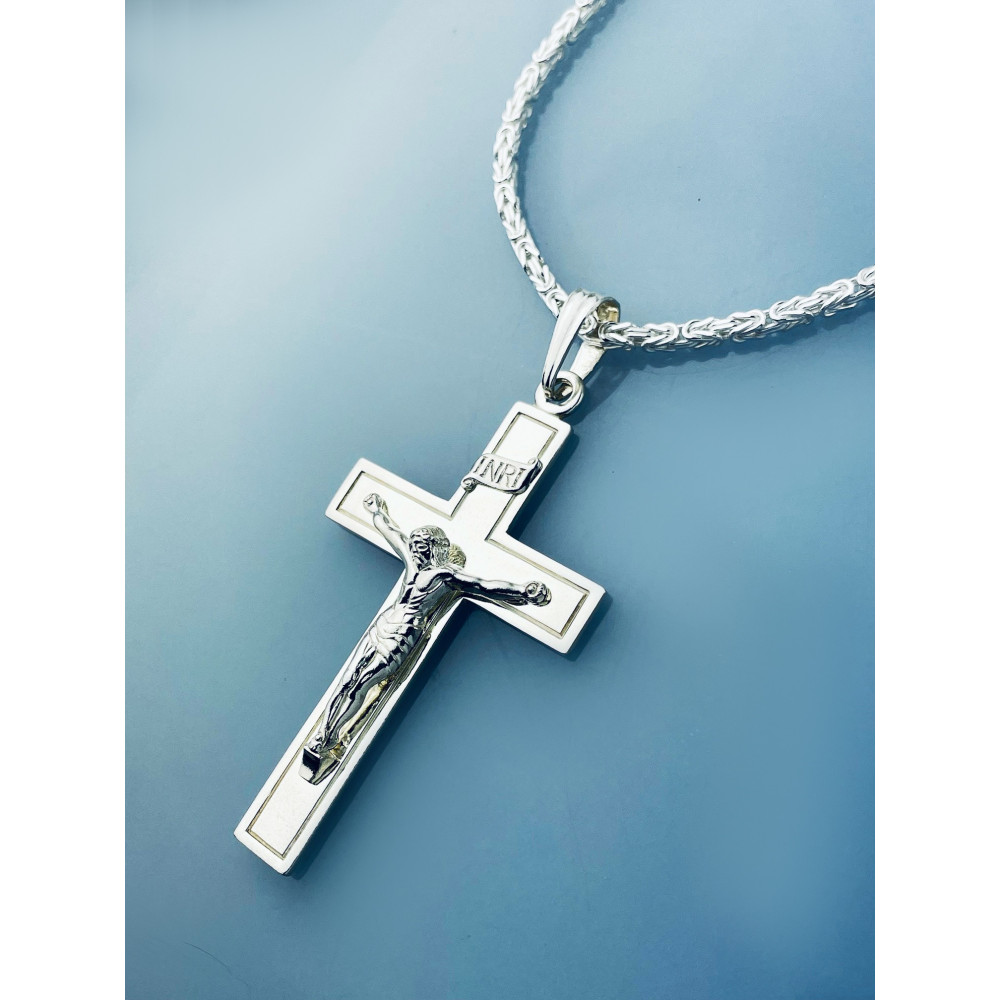 925 Silber Halskette mit Königskette und großes Kreuz mit Jesus