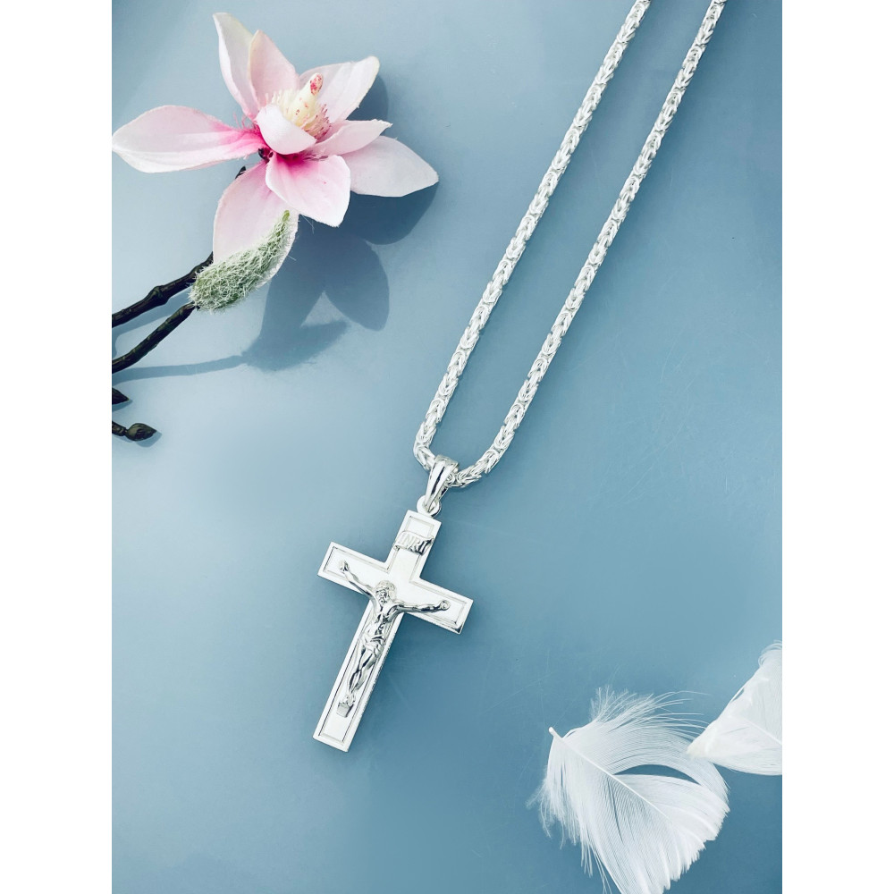 925 Silber Halskette mit Königskette und großes Kreuz mit Jesus