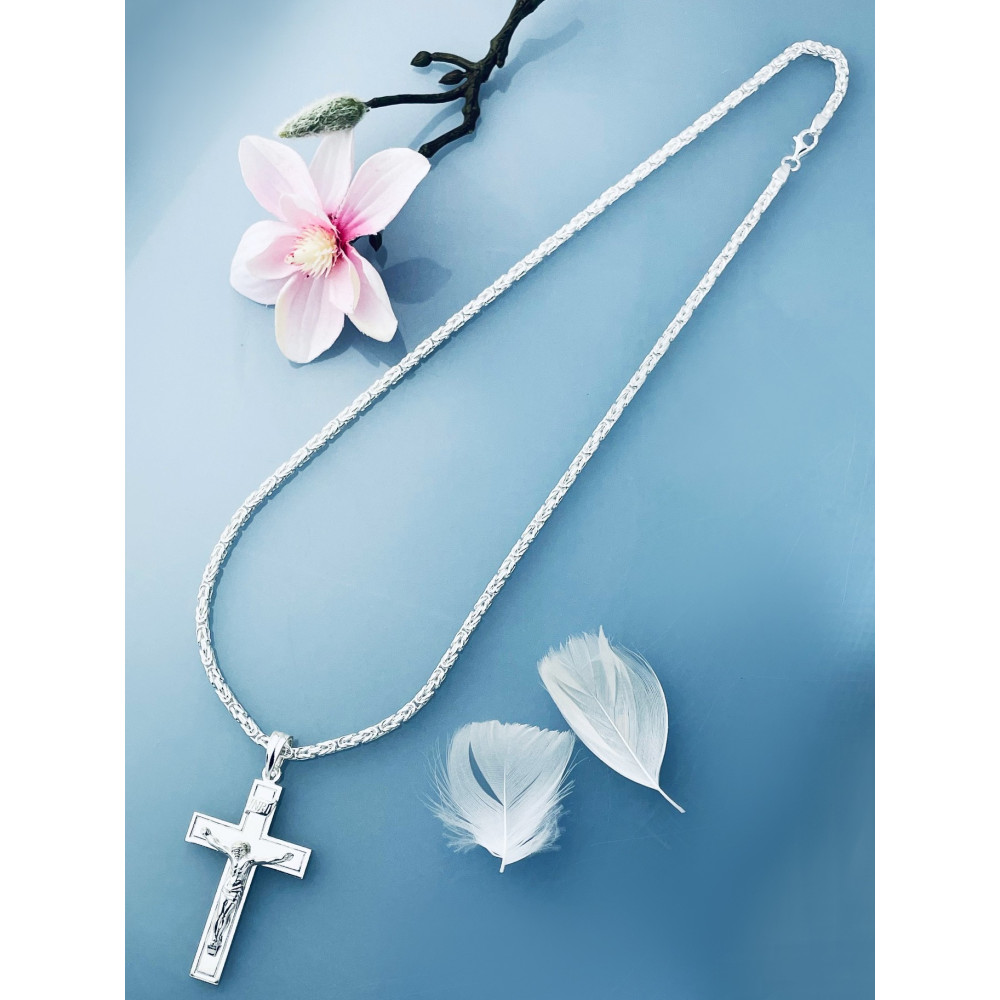 925 Silber Halskette mit Königskette und großes Kreuz mit Jesus