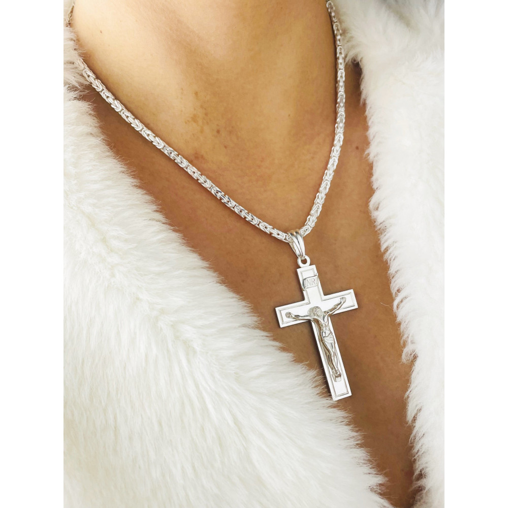 925 Silber Halskette mit Königskette und großes Kreuz mit Jesus