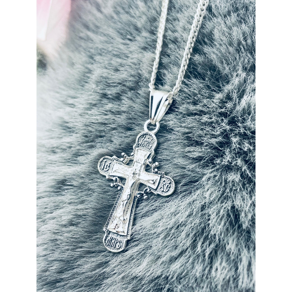 925 Silber Halskette mit Anhänger orthodoxes Kreuz Jesus Christus Taufe