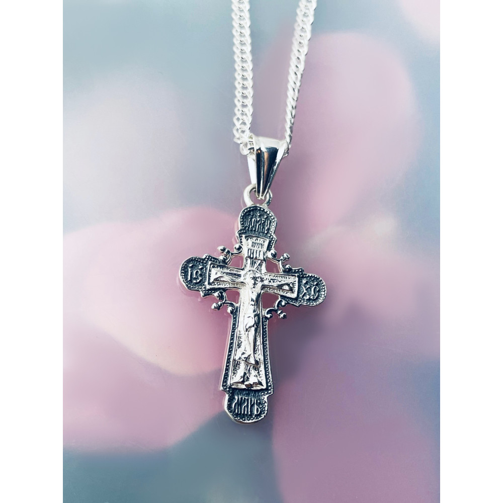 925 Silber Halskette mit Anhänger orthodoxes Kreuz Jesus Christus Taufe