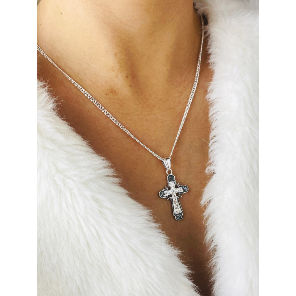Srebrny komplet naszyjnik łańcuszek rombo zawieszka krzyżyk prawosławny Pan Jezus