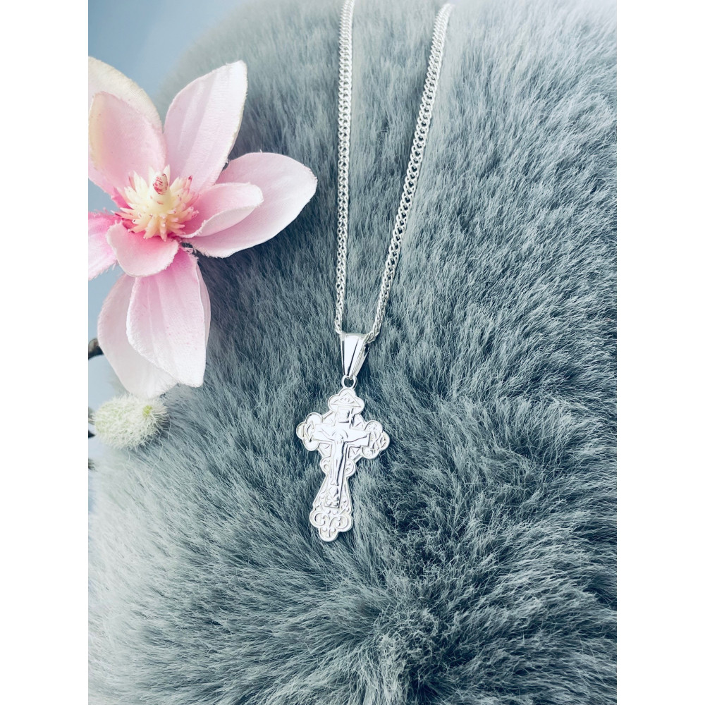 Srebrny komplet naszyjnik łańcuszek rombo zawieszka krzyżyk prawosławny Pan Jezus