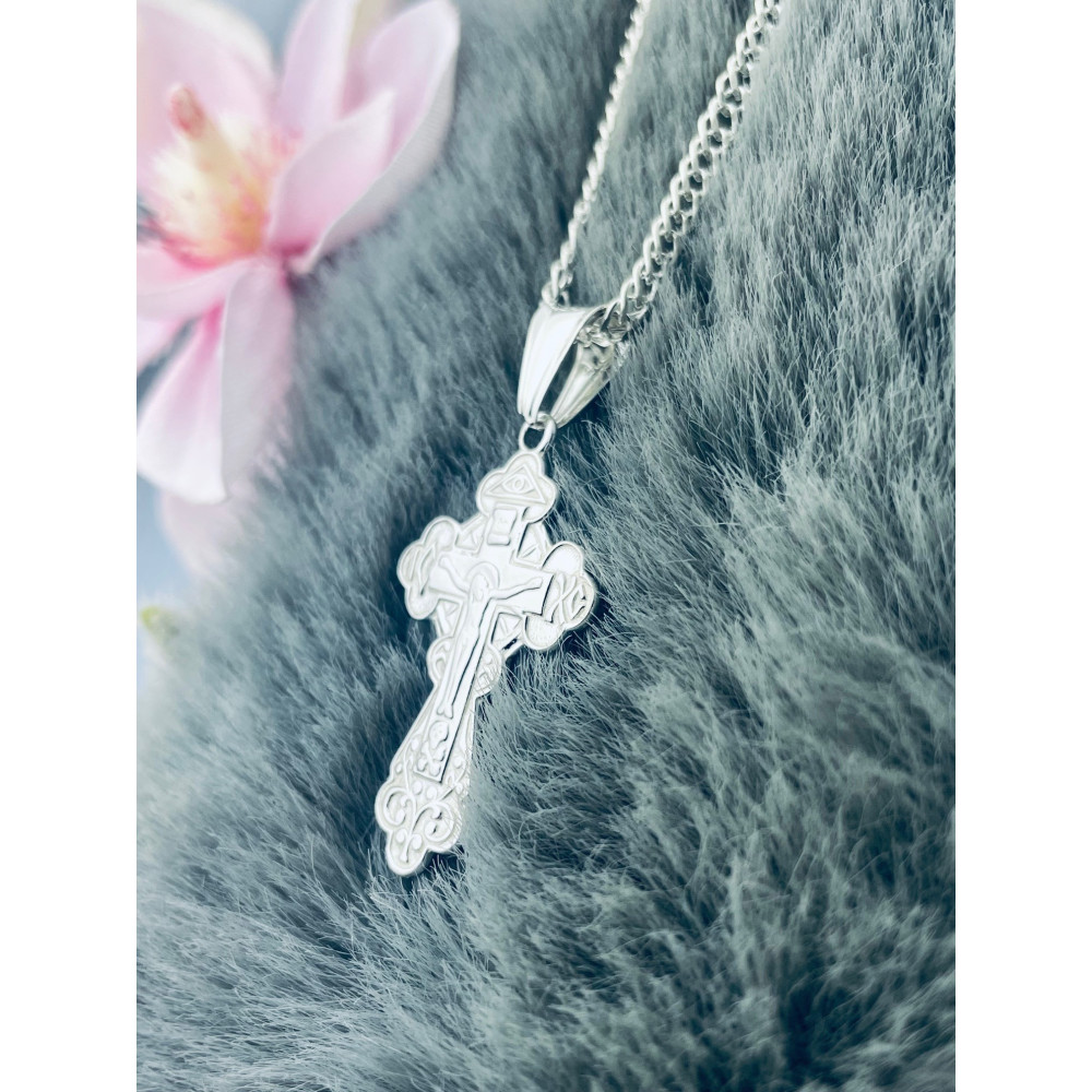 Srebrny komplet naszyjnik łańcuszek rombo zawieszka krzyżyk prawosławny Pan Jezus