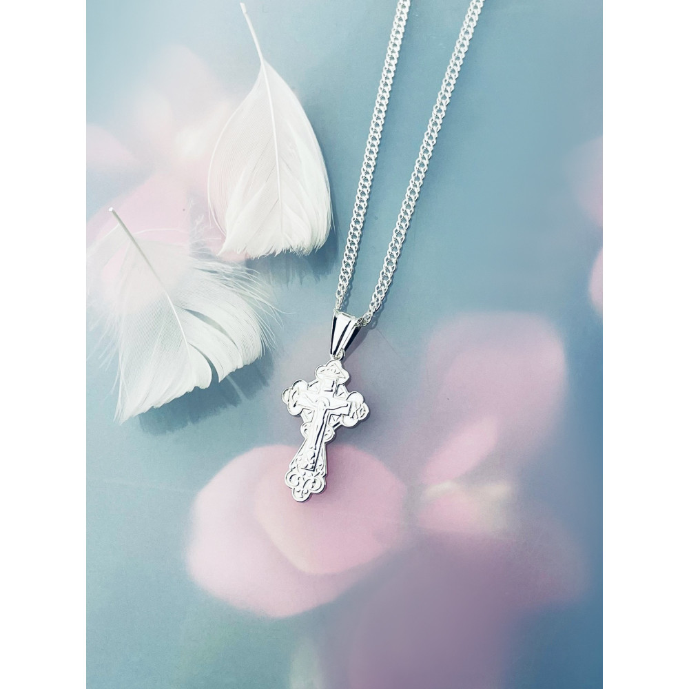 Srebrny komplet naszyjnik łańcuszek rombo zawieszka krzyżyk prawosławny Pan Jezus
