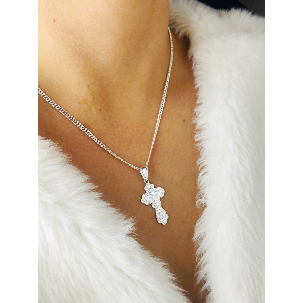 Srebrny komplet naszyjnik łańcuszek rombo zawieszka krzyżyk prawosławny Pan Jezus