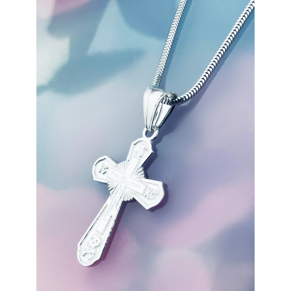 925 Silber Halskette Schlangenkette mit Anhänger orthodoxes Kreuz Jesus Christus Taufe