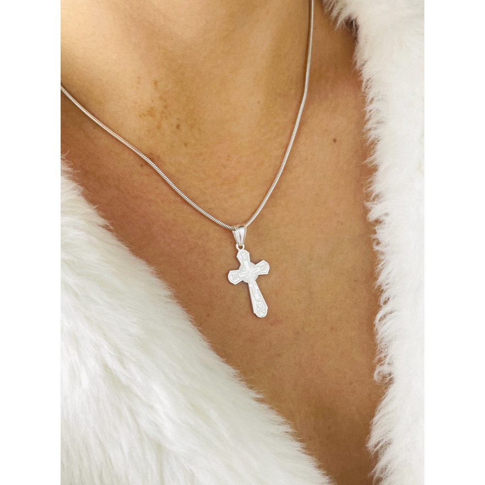 925 Silber Halskette Schlangenkette mit Anhänger orthodoxes Kreuz Jesus Christus Taufe