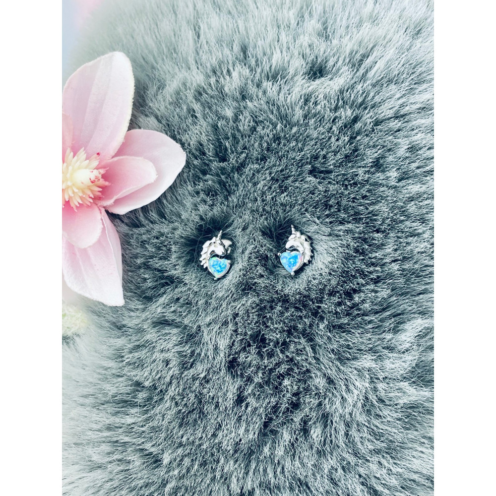 Einhorn 925 Silber Ohrringe Herz mit Opal