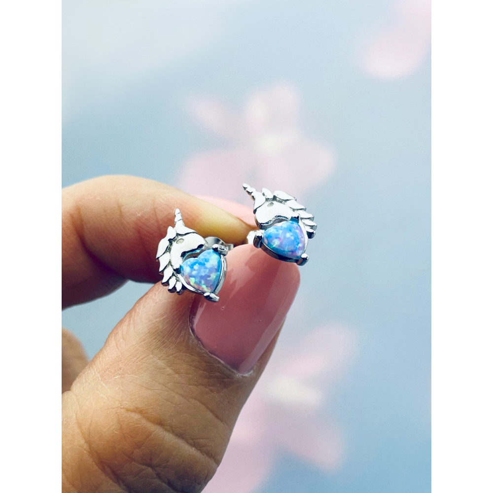 Einhorn 925 Silber Ohrringe Herz mit Opal