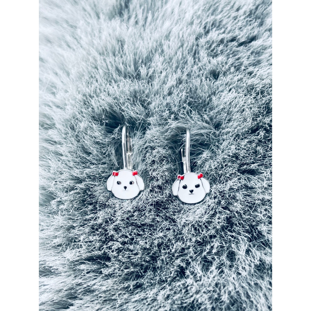 Srebrne kolczyki białe pieski z emalią