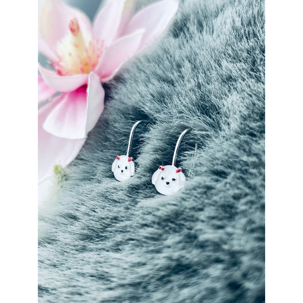 Srebrne kolczyki białe pieski z emalią