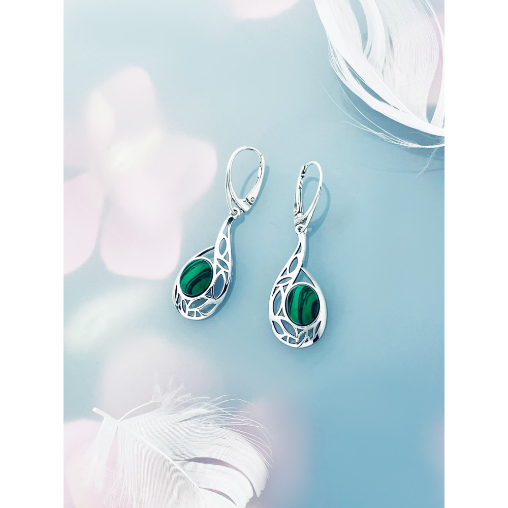 copy of Srebrne kolczyki wiszące krople łezki z zielonym malachitem