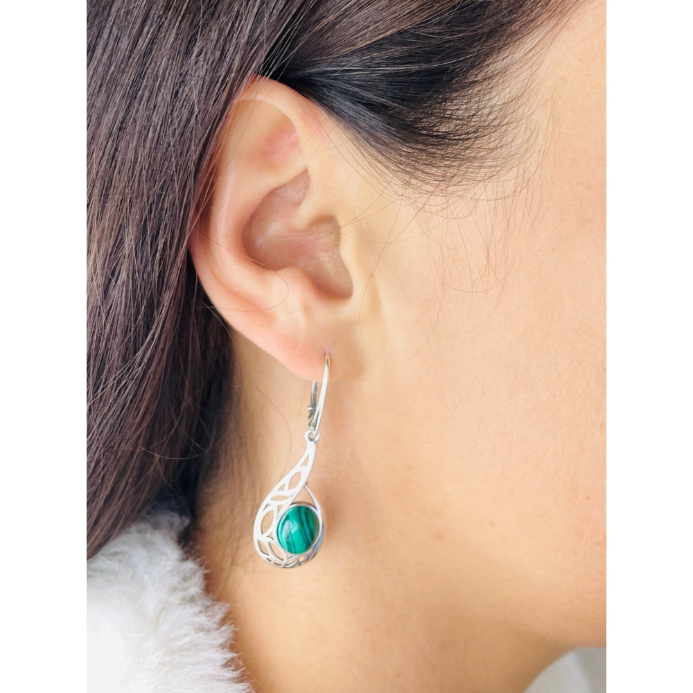 copy of Srebrne kolczyki wiszące krople łezki z zielonym malachitem
