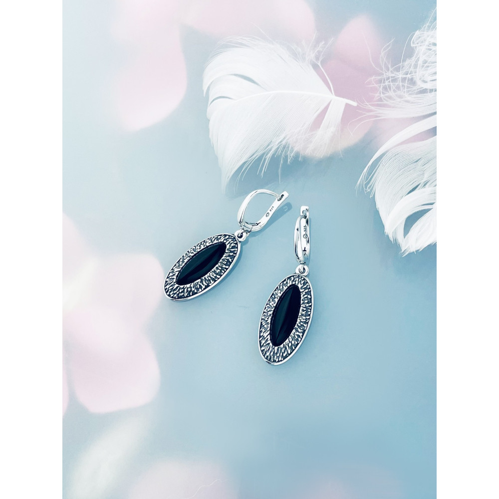 Srebrne kolczyki wiszące kocie oko z onyksem oksydowane