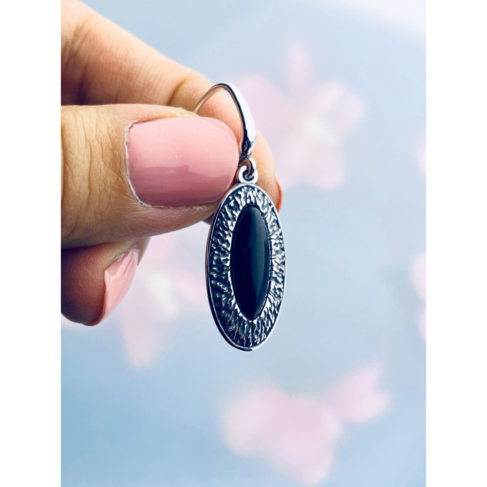 Srebrne kolczyki wiszące kocie oko z onyksem oksydowane