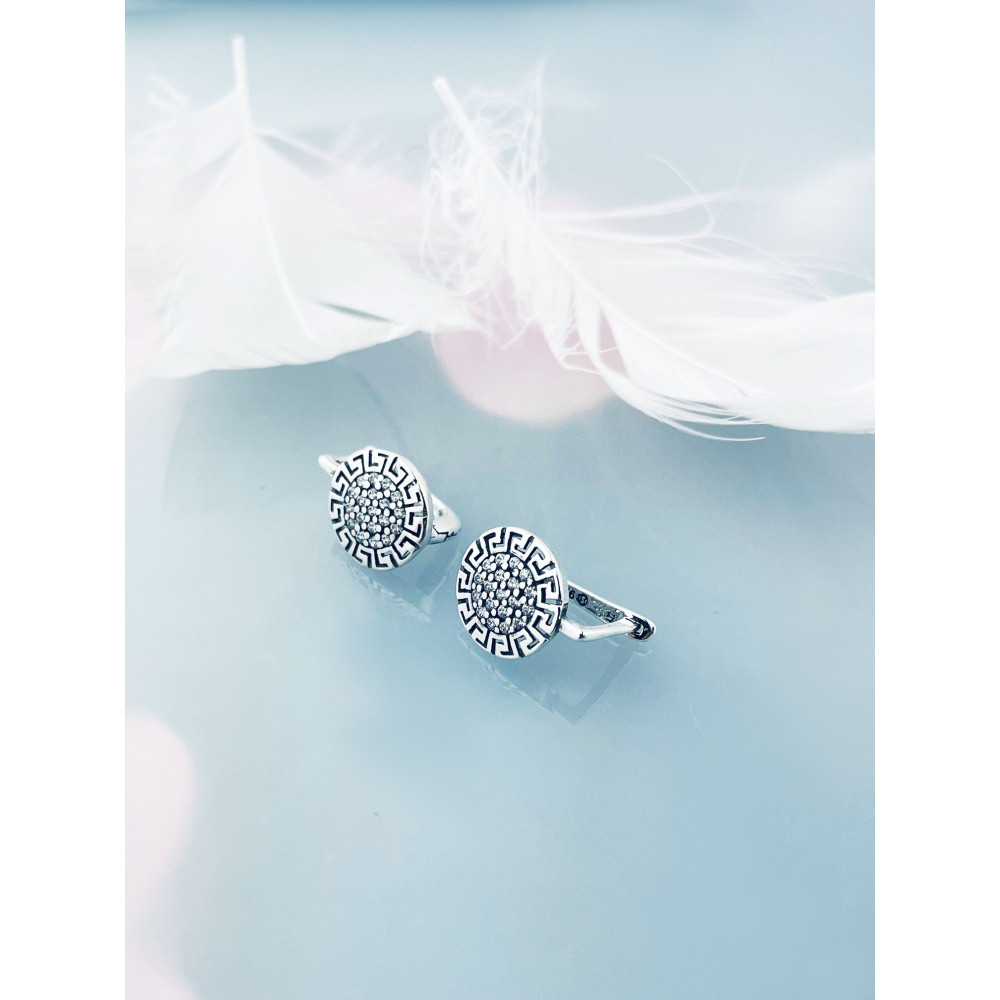 Srebrne kolczyki kółeczka kółka z cyrkoniami z greckim wzorem