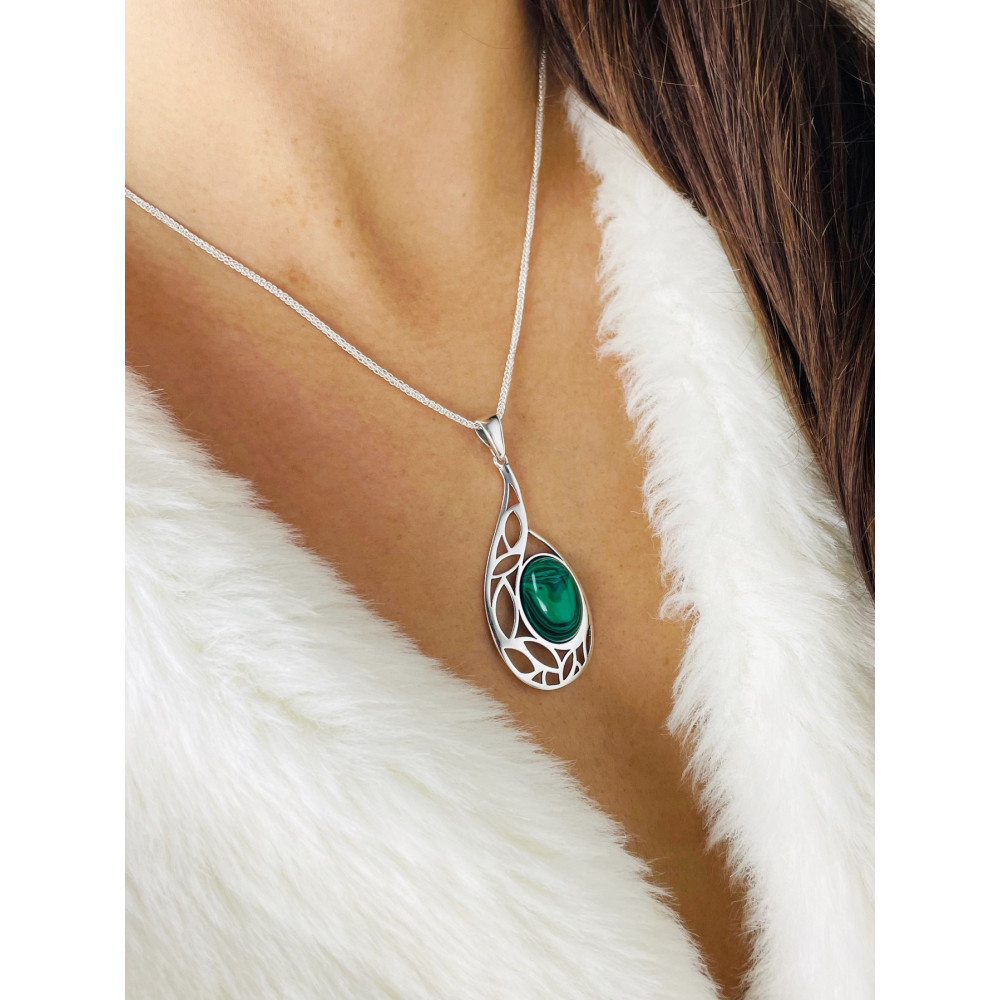 Srebrny wisiorek zawieszka łezka kropelka zielony malachit