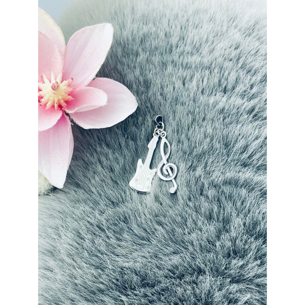 925 Silber Damen Medaillon Anhänger Gitarre und Geigentaste mit Zirkonia