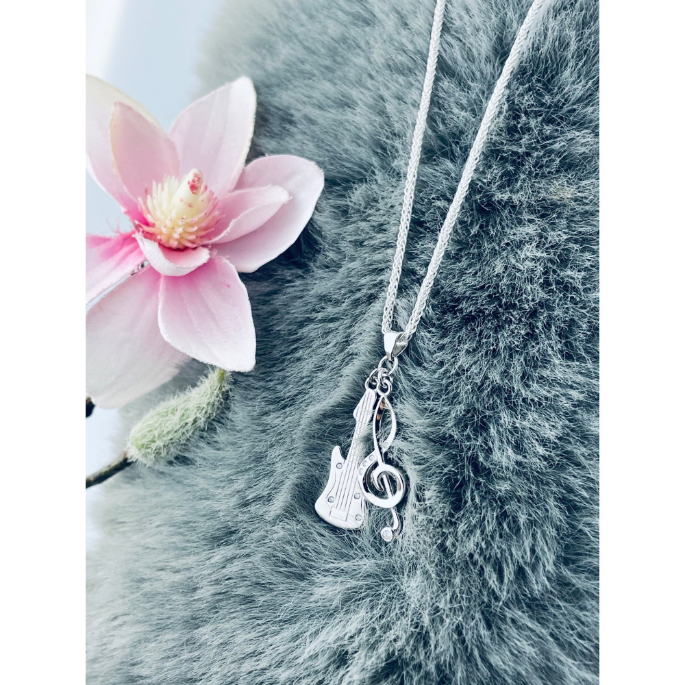 925 Silber Damen Medaillon Anhänger Gitarre und Geigentaste mit Zirkonia