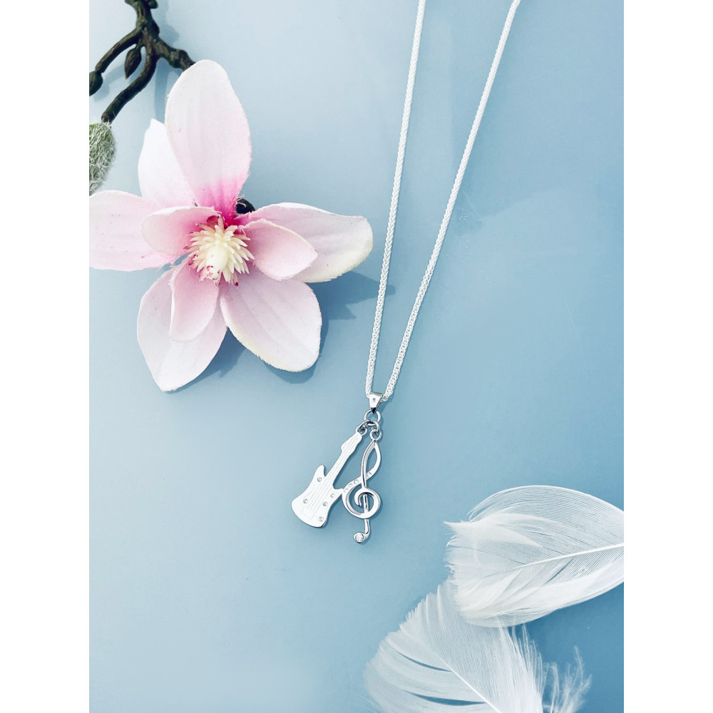 925 Silber Damen Medaillon Anhänger Gitarre und Geigentaste mit Zirkonia