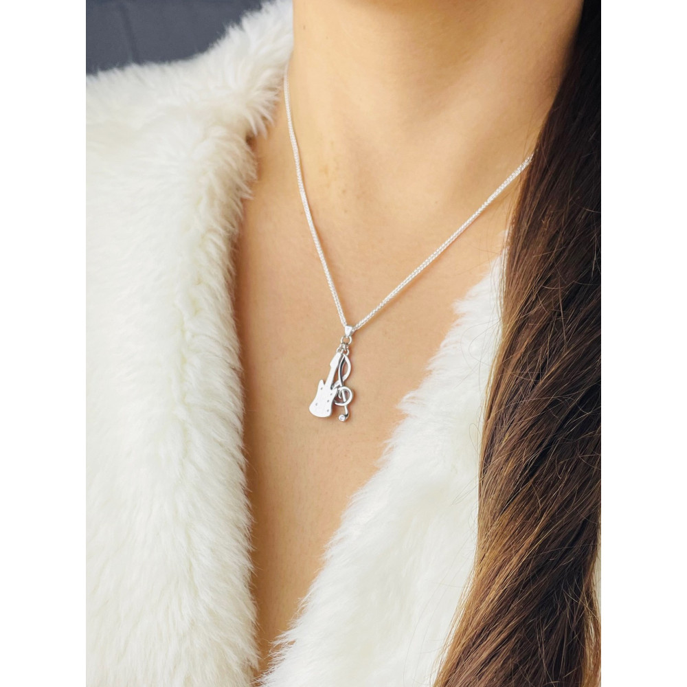 925 Silber Damen Medaillon Anhänger Gitarre und Geigentaste mit Zirkonia