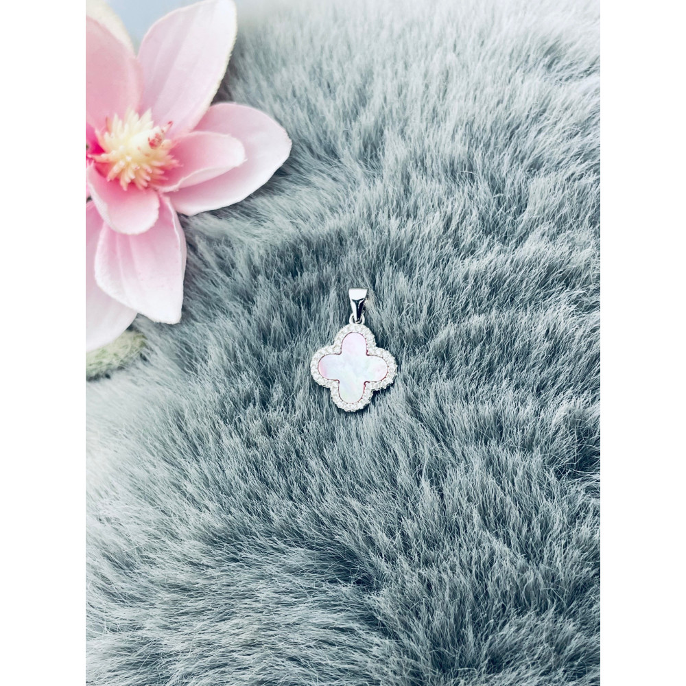 925 Silber Damen Medaillon Anhänger mit Zirkonia und Perlmutt vierblättriges Kleeblatt