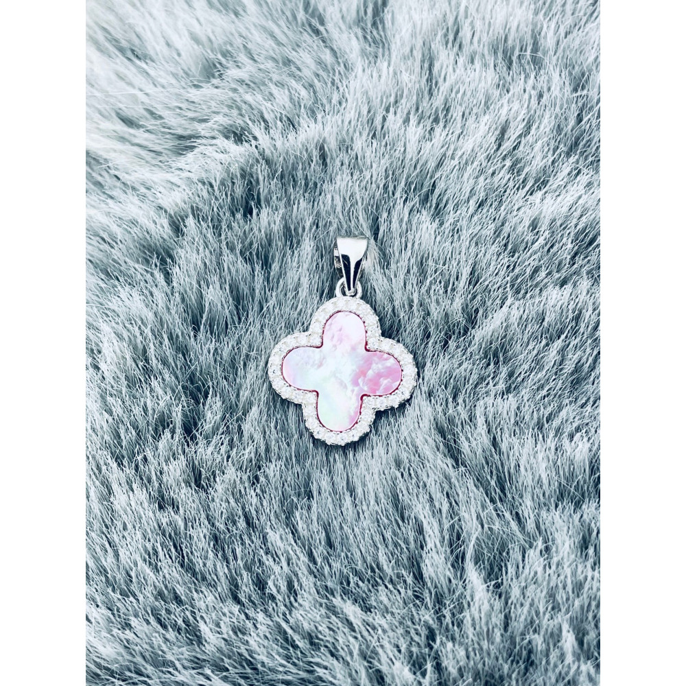 Srebrny wisiorek zawieszka czterolistna koniczynka z masą perłową i cyrkoniami różowa