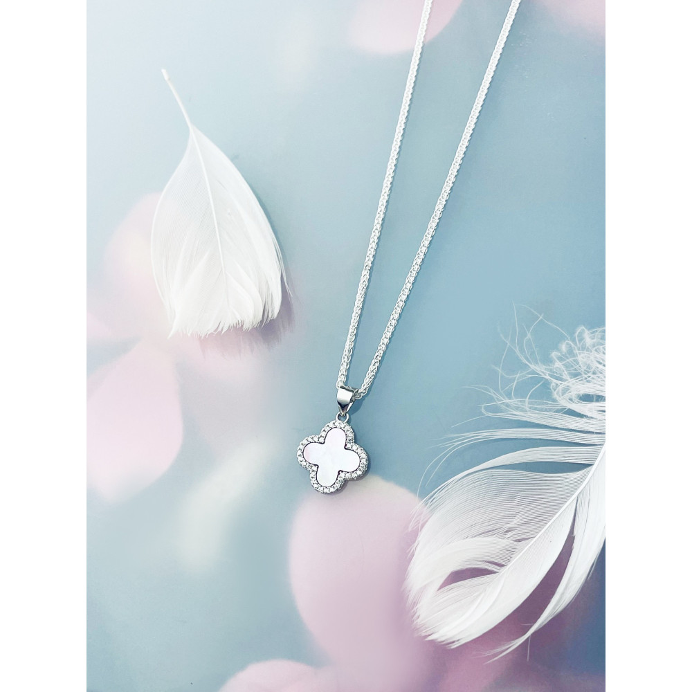 Srebrny wisiorek zawieszka czterolistna koniczynka z masą perłową i cyrkoniami różowa