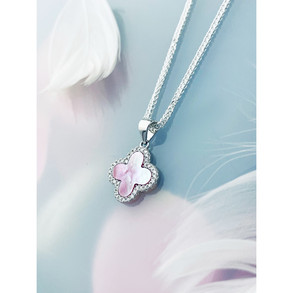 Srebrny wisiorek zawieszka czterolistna koniczynka z masą perłową i cyrkoniami różowa