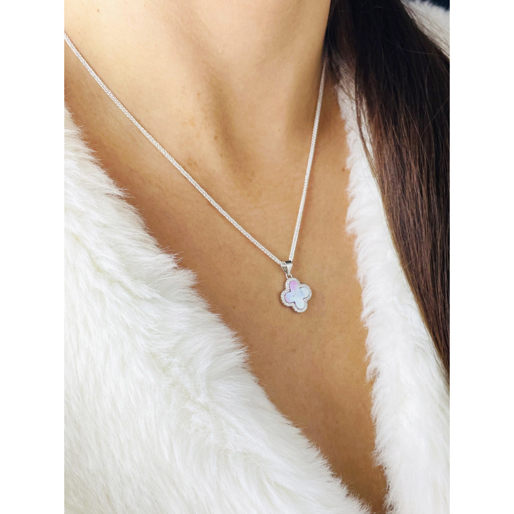 Srebrny wisiorek zawieszka czterolistna koniczynka z masą perłową i cyrkoniami różowa