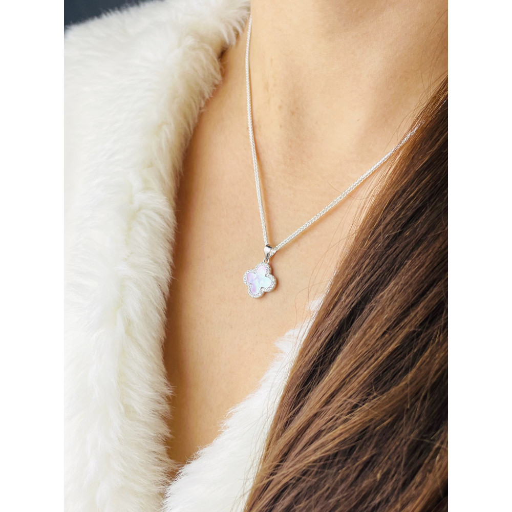 925 Silber Damen Medaillon Anhänger mit Zirkonia und Perlmutt vierblättriges Kleeblatt