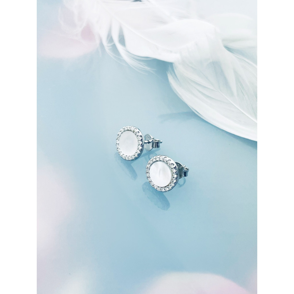 Srebrne kolczyki kółeczka kółka z cyrkoniami i masą perłową