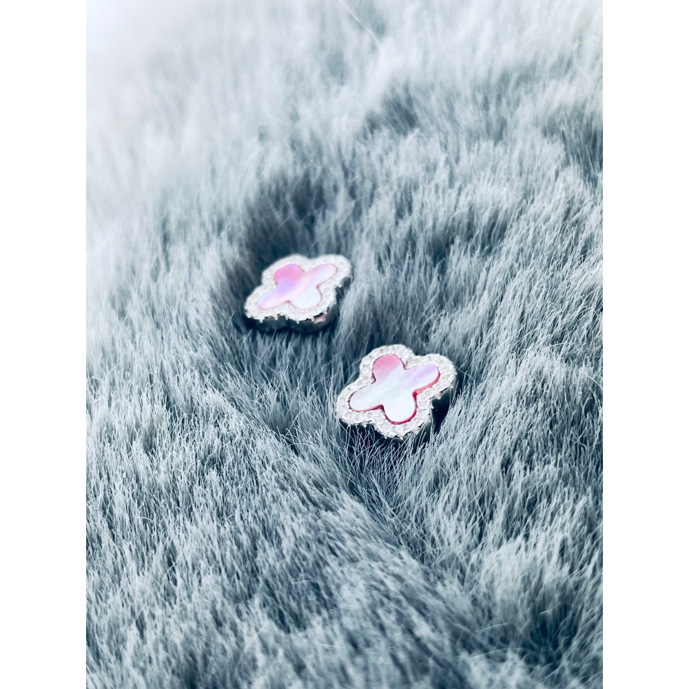 Srebrne kolczyki różowe koniczynki z cyrkoniami i masą perłową