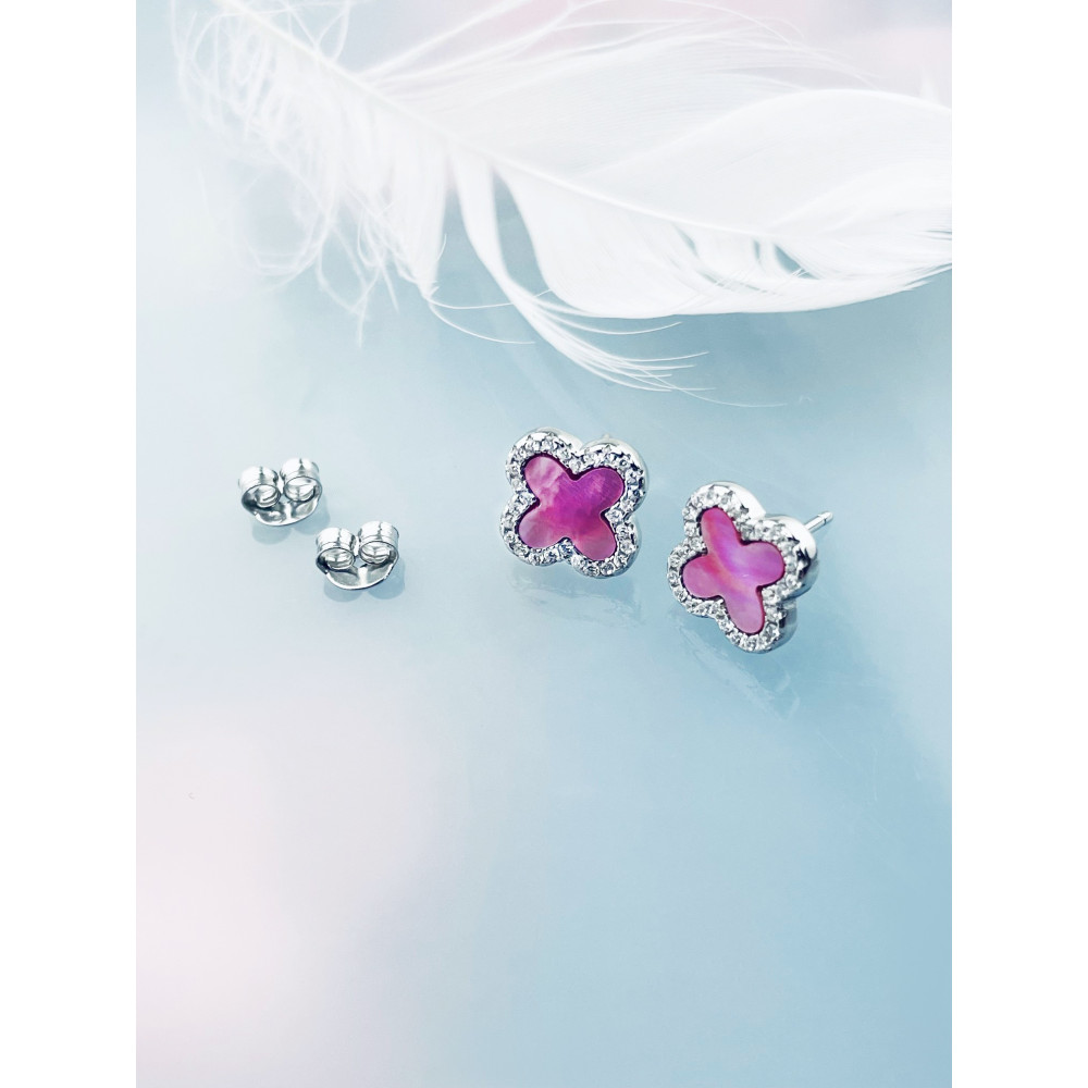 Srebrne kolczyki różowe koniczynki z cyrkoniami i masą perłową