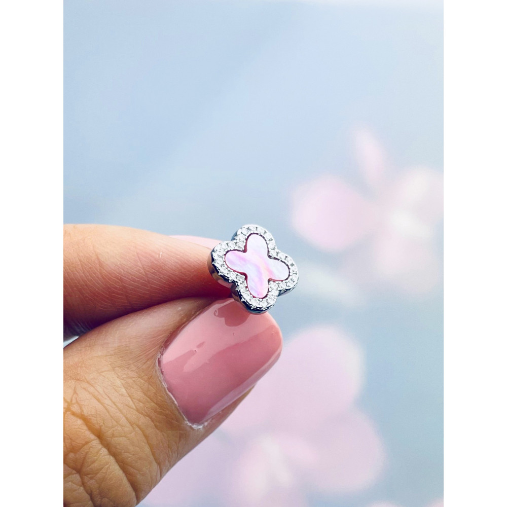 Srebrne kolczyki różowe koniczynki z cyrkoniami i masą perłową