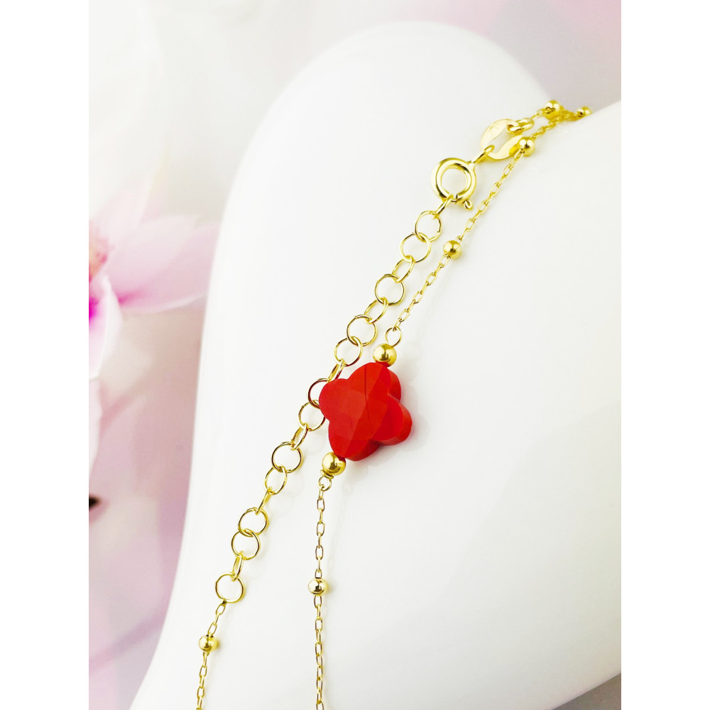 Kleeblatt 925 Silber Halskette mit Koralstein vergoldet Halsband Damen