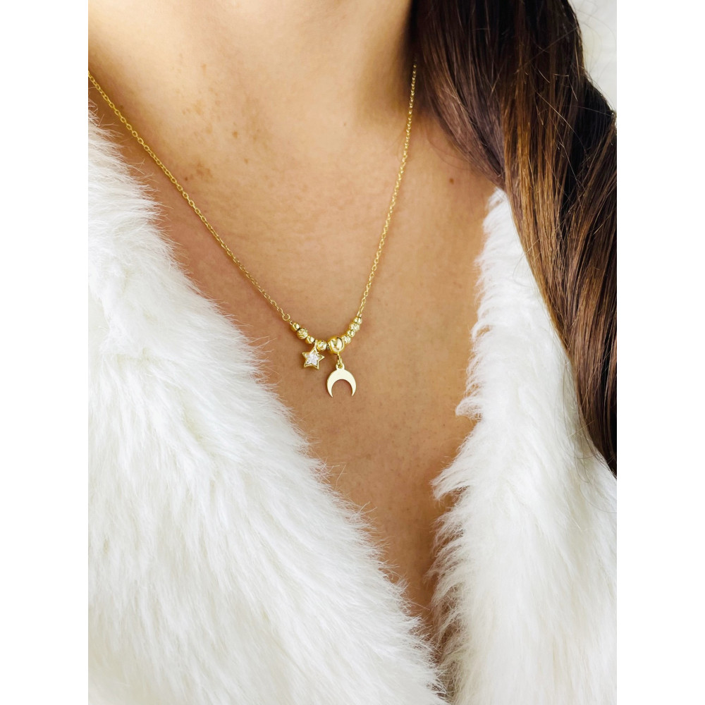 Mond und Stern 925 Silber Halskette mit Zirkonia vergoldet Halsband Damen