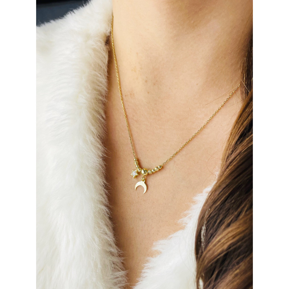 Mond und Stern 925 Silber Halskette mit Zirkonia vergoldet Halsband Damen