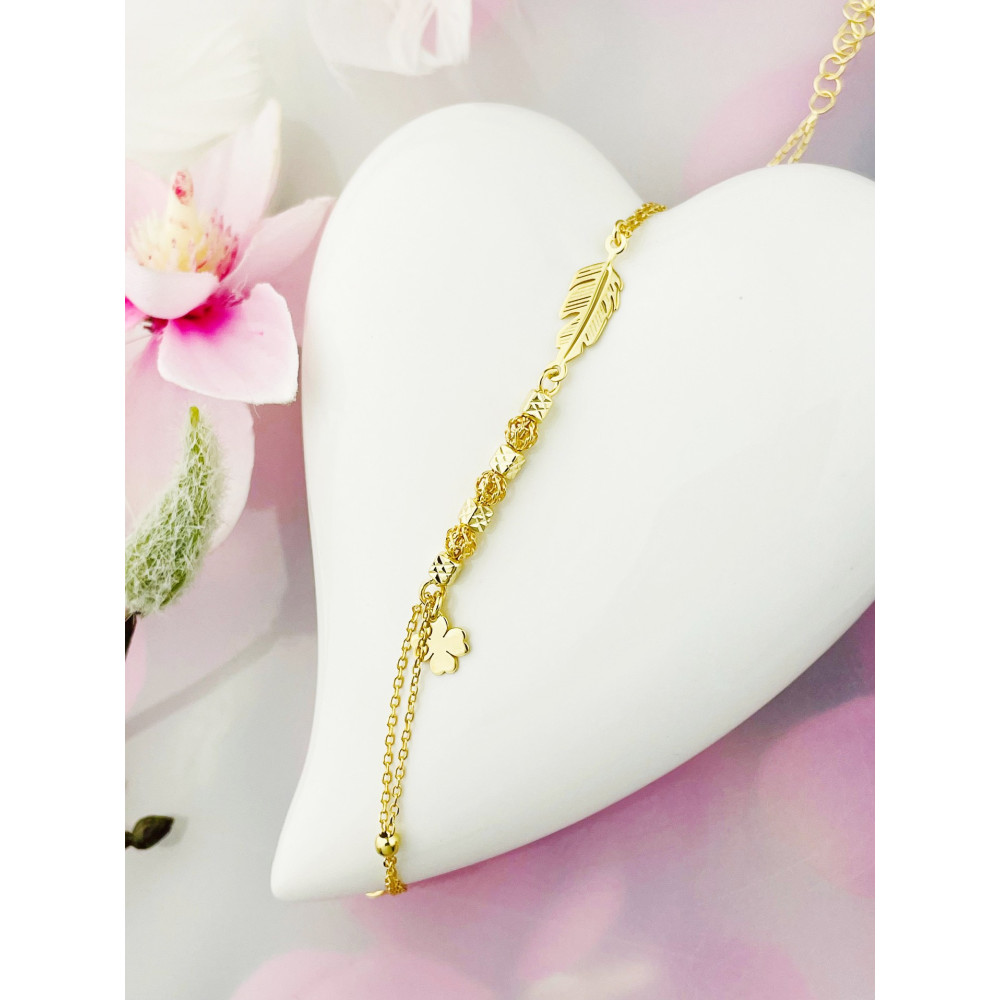 Srebrna bransoletka pozłacana piórko koniczynka