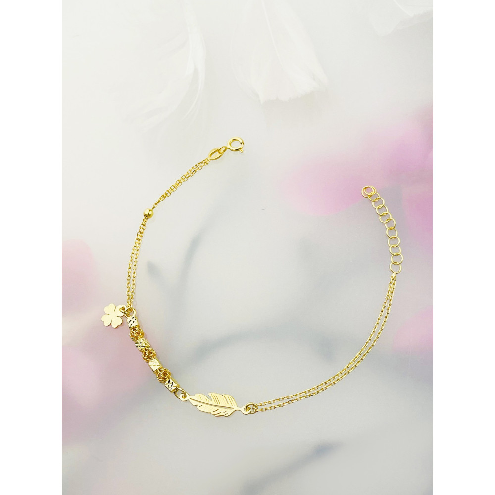 Kleeblatt und Feder Armband 925 Silber vergoldet Ankerkette