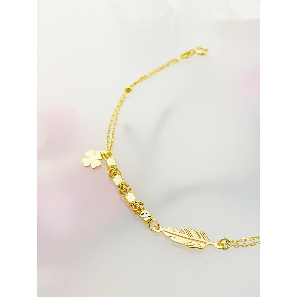 Kleeblatt und Feder Armband 925 Silber vergoldet Ankerkette