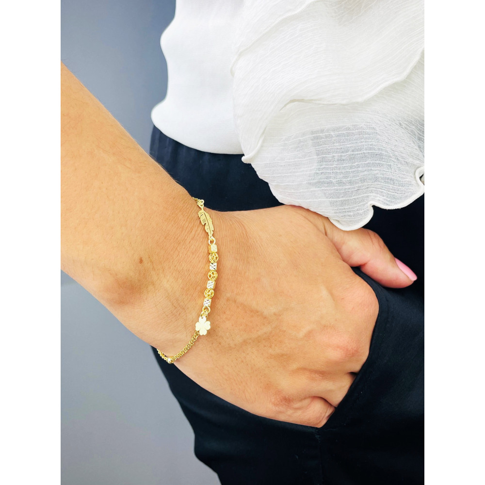 Kleeblatt und Feder Armband 925 Silber vergoldet Ankerkette