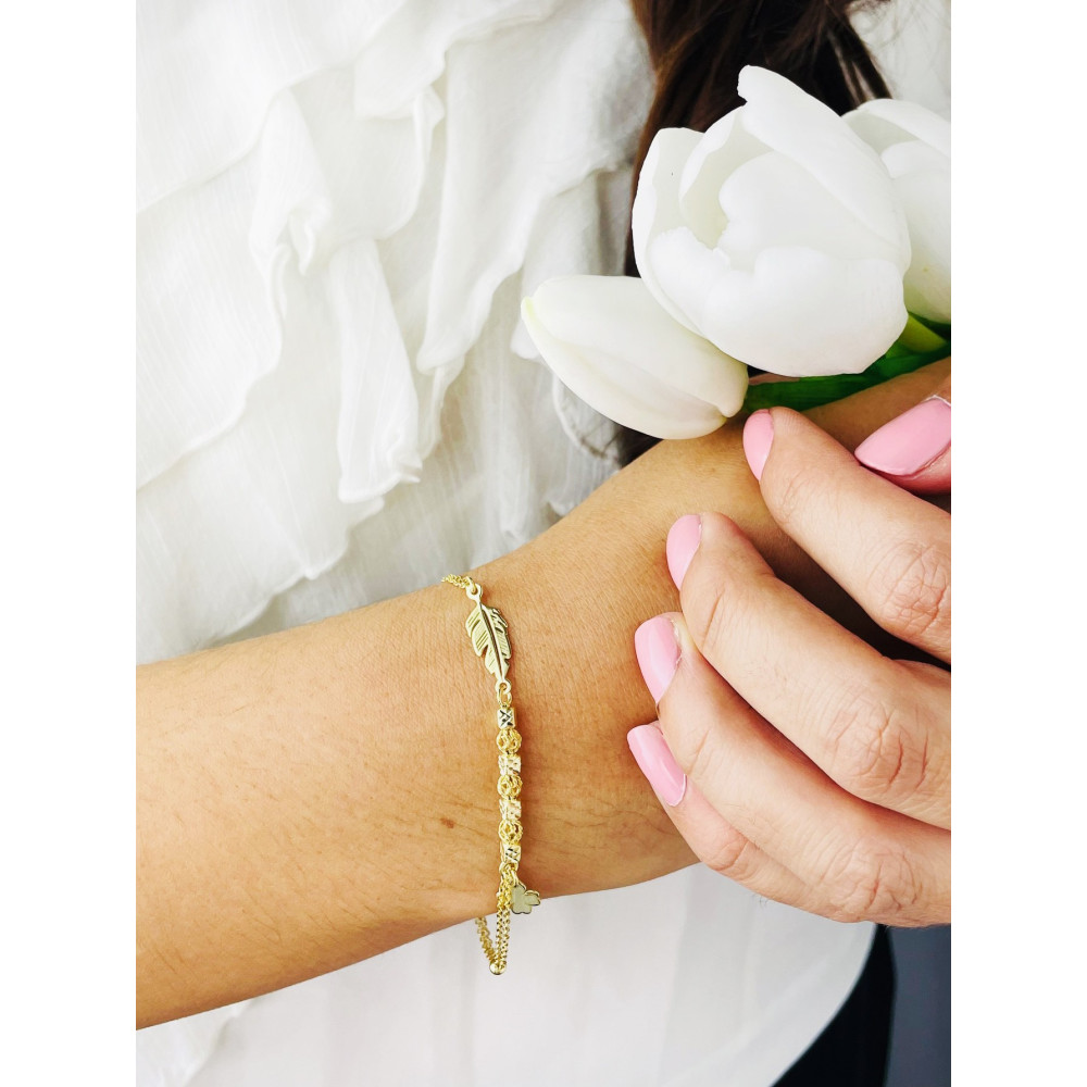 Kleeblatt und Feder Armband 925 Silber vergoldet Ankerkette