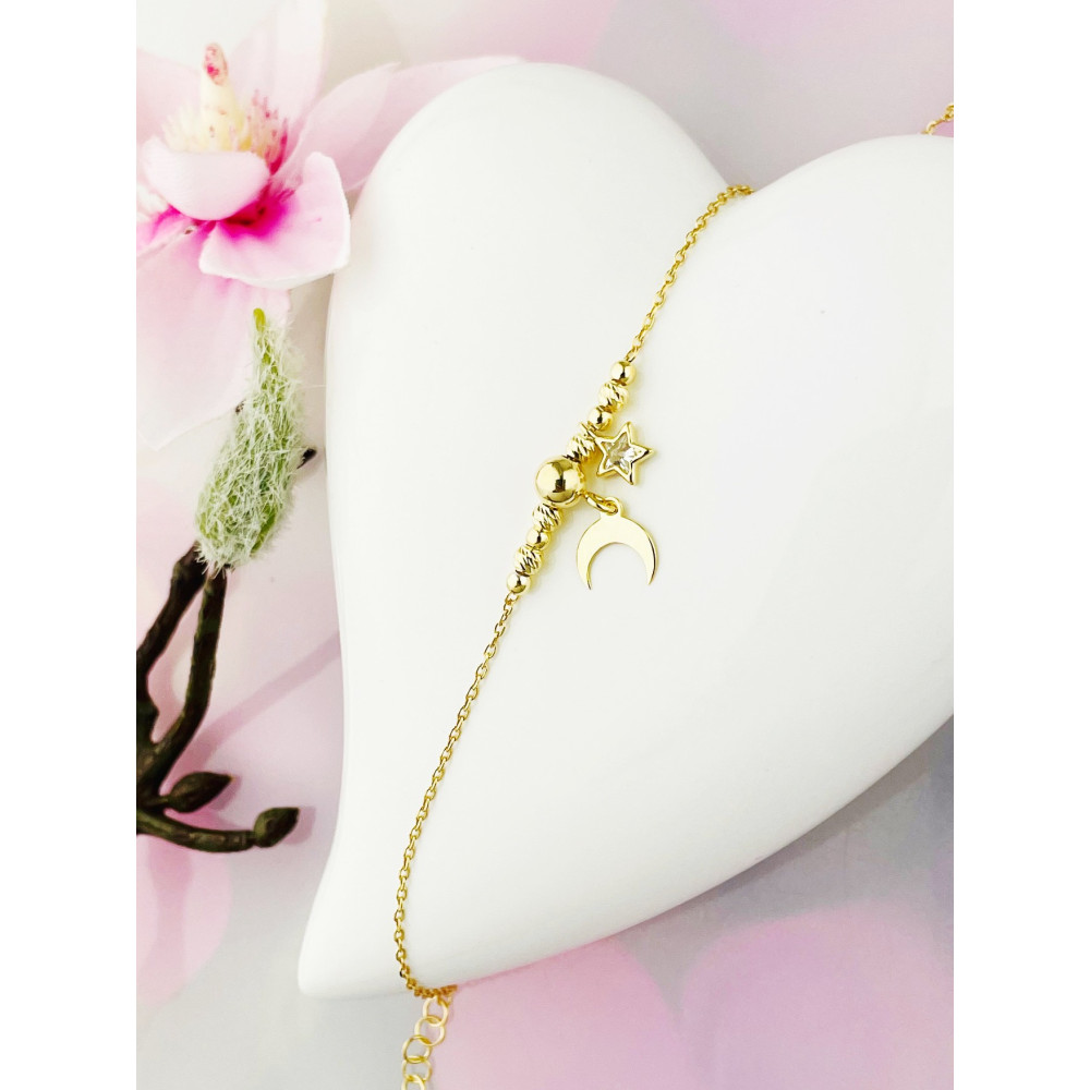 Mond und Stern Armband 925 Silber vergoldet Ankerkette mit Zirkonia