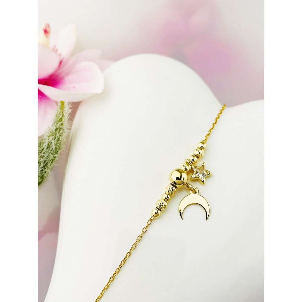 Mond und Stern Armband 925 Silber vergoldet Ankerkette mit Zirkonia