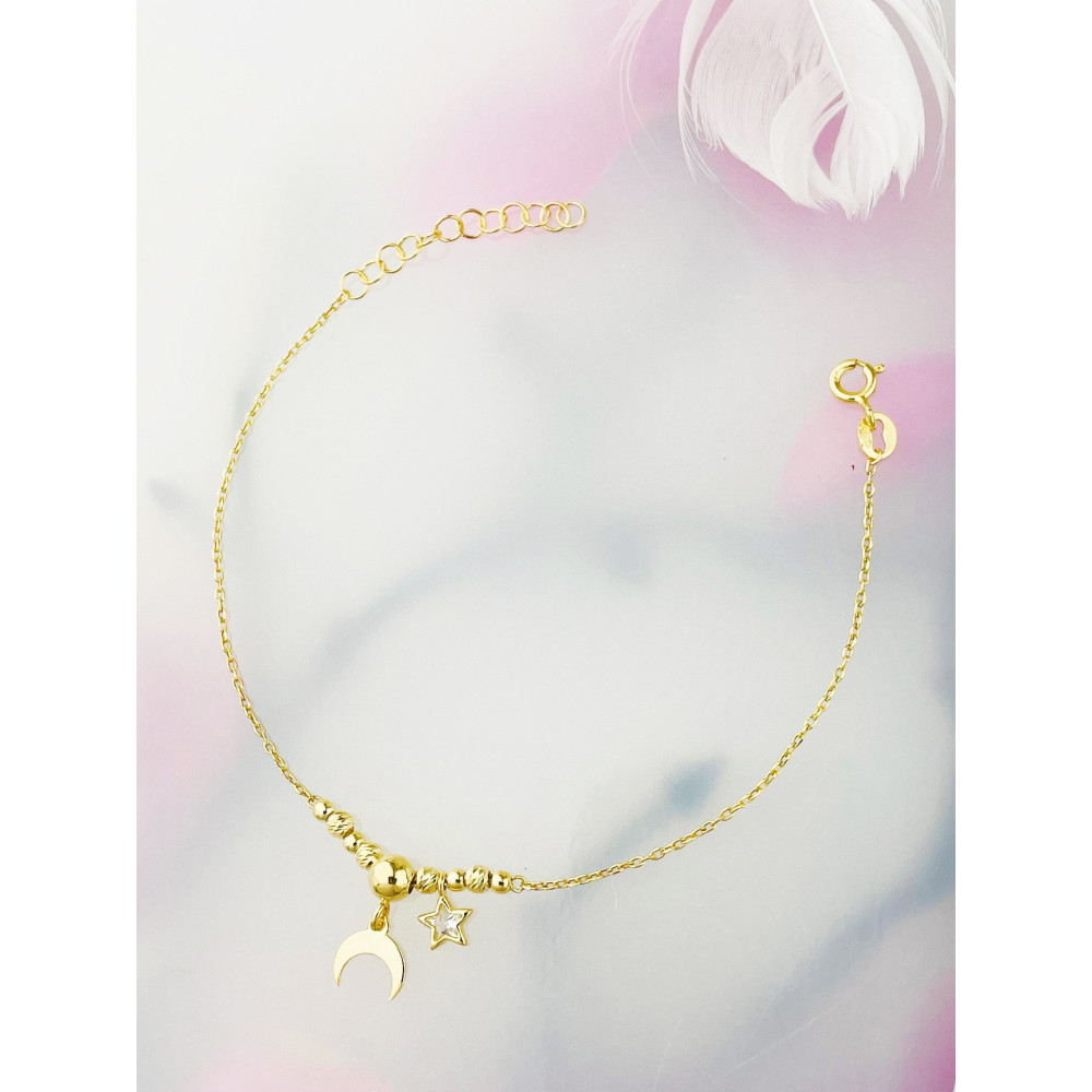 Mond und Stern Armband 925 Silber vergoldet Ankerkette mit Zirkonia
