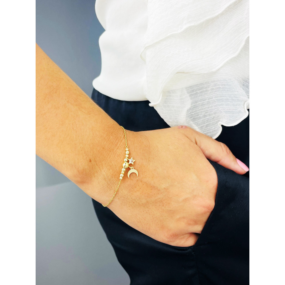 Mond und Stern Armband 925 Silber vergoldet Ankerkette mit Zirkonia